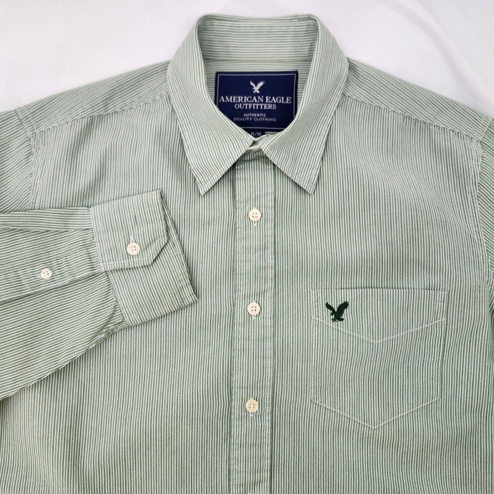 American Eagle Green Stripe Button‎ Up Shirt Mens Medium Preppy Casual Weekend
